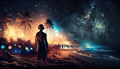 Fototapeta premium Night beach music party with blurred dancing people at the background. AI generative image.