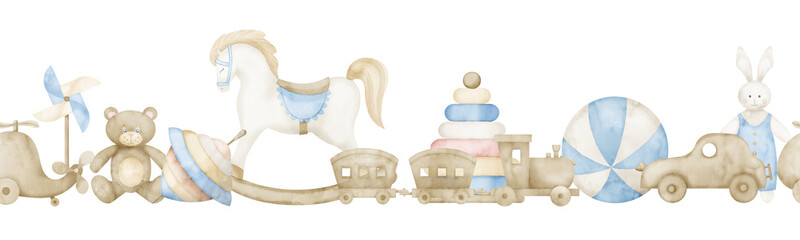 Baby seamless Border with Toys in pastel blue and beige colors. Hand drawn watercolor Pattern with rocking horse and teddy bear on isolated background. Illustration for childish design. Ornament