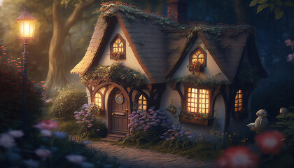 Fototapeta premium Digital illustration of fantasy fairy tale little cute house. AI generative image.