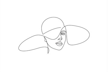 Woman in hat vector one line art. Line illustration. Minimalist print. Black and white. Beauty logo. portrait of young modern woman wearing hat. isolated female portrait. Line art
