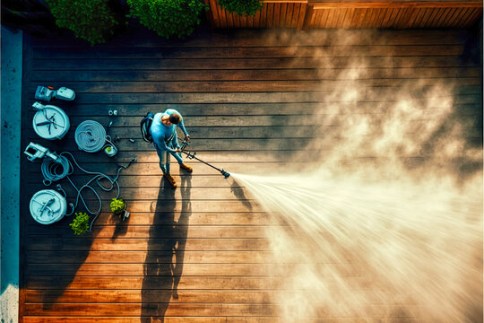 Spring cleaning works in the garden, washing the driveway, cleaning the gutters, washing the facade. Pressure washer. Generative AI.