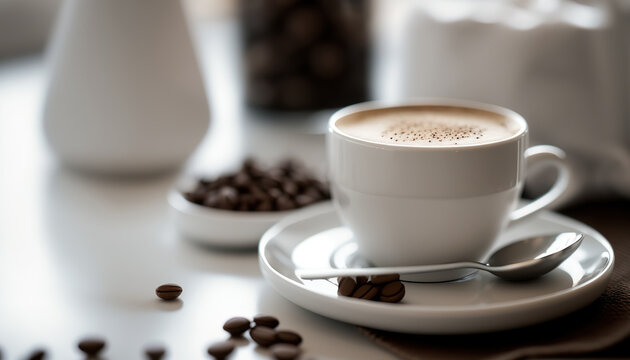 Close up of tasty hot cup of latte. Selective focus indoor background. AI generative image.