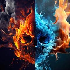 An illustration suitable for use as a desktop background, featuring a striking contrast between fire and ice.