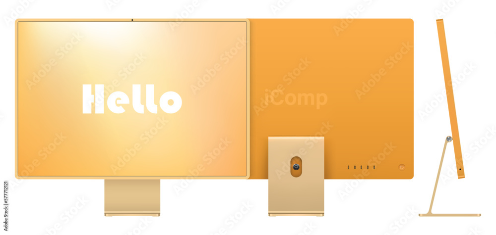Poster computer display yellow color with colorful screen front, back and side view isolated on white backg