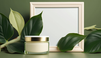 Beauty skincare cream in empty clean glass jar mockup on green leaves and frame with copy space background, organic cosmetic product. Advertising poster. AI generative image.
