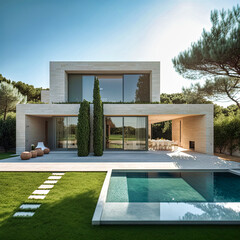 Beautiful, modern garden. Green lawn and lots of plants. For architects and designers. Generative AI.