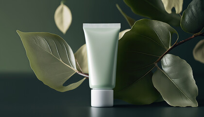 Beauty skincare cream in empty clean tube mockup on green leaves background, organic cosmetic product. Horizontal background with copy space. AI generative image.