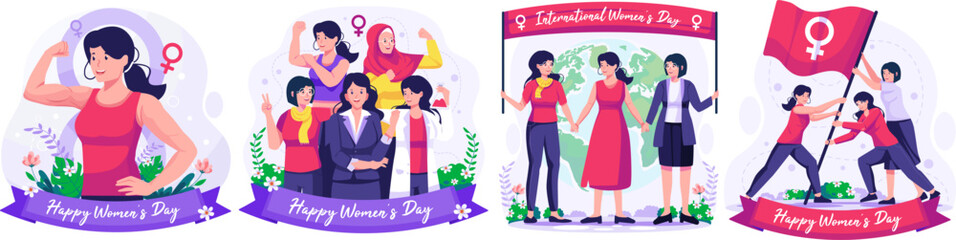 Fototapeta na wymiar Illustration Set of International Women's Day concept with happy multinational diverse women celebrate womens day. Struggling for freedom and independence