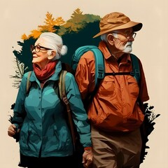An illustration of an elderly couple hiking