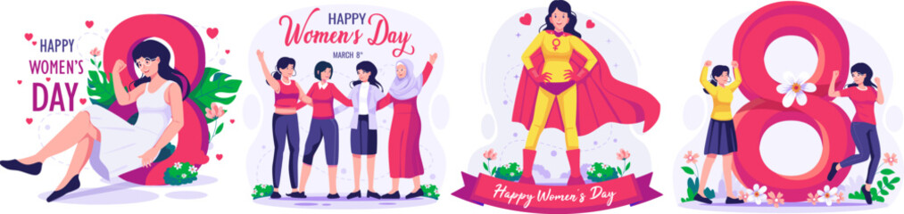 Illustration Set of International Women's Day concept with happy multinational diverse women celebrate womens day. Struggling for freedom and independence
