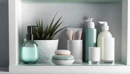 Fototapeta na wymiar Bathroom shelf with different beauty cosmetic body care products, pastel colors package mockup. Indoor background. AI generative image.