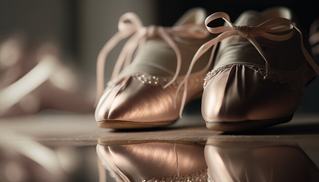 Close up pointe shoes for ballet dancing. AI generative image.