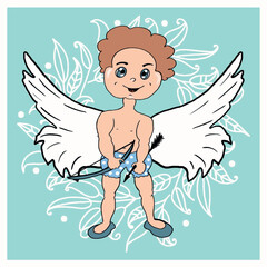 invitations to a children's party,flyer,children's book,illustration for a children's photo album,logo, retro children's bow with cupid's arrow, children's angel hearts receiving love in the heart, wi