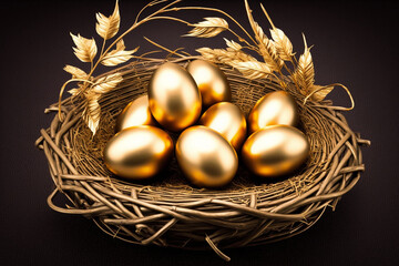 Golden eggs,golden easter eggs shone brightly in a wicker basket filled with dry grass ,black color Isolate background.Investment savings concept.Giving valuable gifts at festivals such as an Easter. - obrazy, fototapety, plakaty