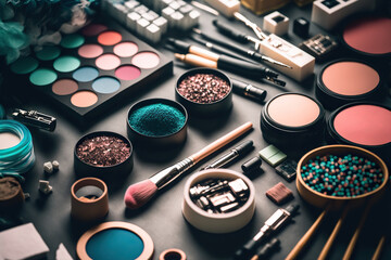 Abstract background with professional make-up products. Beauty industry accessories. AI generative image.