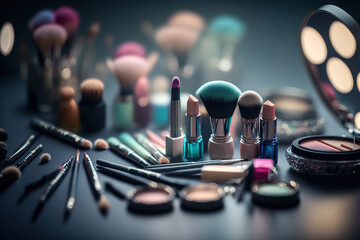 Abstract background with professional make-up products. Beauty industry accessories. AI generative image.