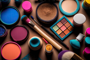 Abstract flat lay background with professional make-up products. Beauty industry accessories. Top view. AI generative image.