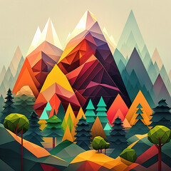 An illustration featuring colorful geometric mountains and forest.