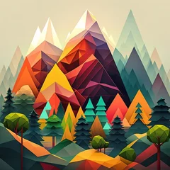 Sheer curtains Mountains An illustration featuring colorful geometric mountains and forest.