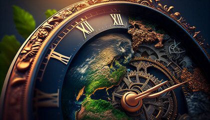 Fototapeta Closeup of clock face with planet Earth as background. Earth's Time Concept. Generative AI obraz