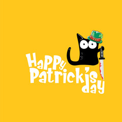 Happy st patricks day greeting card or banner with Black cat with patricks hat holding bloody knife isolated on orange background. Funny black cat and knife . Patricks day concept illustration