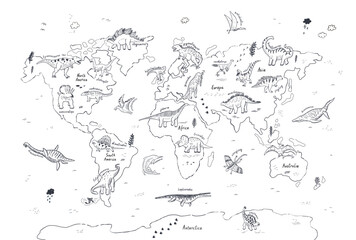 Dinosaur world map line vector illustration. © GooseFrol