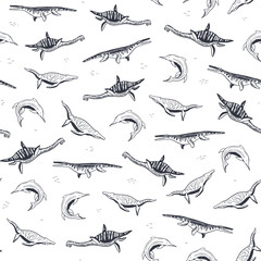 Water dinosaur line doodle vector seamless pattern.