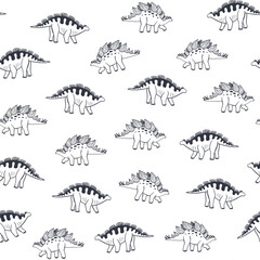 Dinosaur stegosaurus doodle line vector seamless pattern.