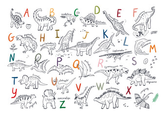 Dinosaur line alphabet poster vector illustrations set. - 577717326