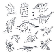 Dinosaur doodle line vector illustrations set.