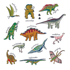 Dinosaur doodle vector illustrations set.