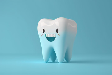 Happy cartoon tooth on a blue background with copy space. Generative AI.