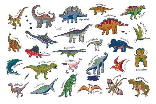 Dinosaur alphabet poster vector illustrations set.