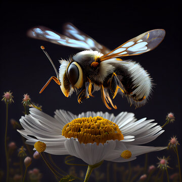 Bumblebee pollinating on a chamomile flower. Generative AI