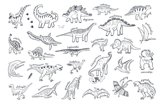 Dinosaur doodle line vector illustrations set.