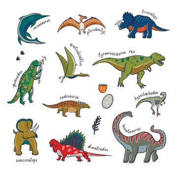 Dinosaur doodle vector illustrations set.