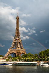 Famous Eiffel Tower (Tour Eiffel) With Rainbow And River Seine In The Capital Of France Paris