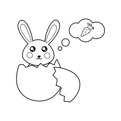 Coloring page rabbit sits in an eggshell and thinks about a carrot