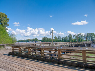 Fototapeta premium Old wooden peir on Fraser river, New Westminster, British Columbia, Canada