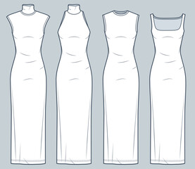 Set of maxi Dress technical fashion illustration. Jersey sleeveless Dress fashion flat technical drawing template, slim fit, roll and square neckline, front and back view, white, women CAD mockup set.