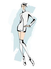 Beautiful young girl in stylish clothes. Fashion woman look. Sale concept. Hand-drawn fashion illustration. Cute girl in fashion clothes.
