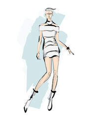 Beautiful young girl in stylish clothes. Fashion woman look. Sale concept. Hand-drawn fashion illustration. Cute girl in fashion clothes.