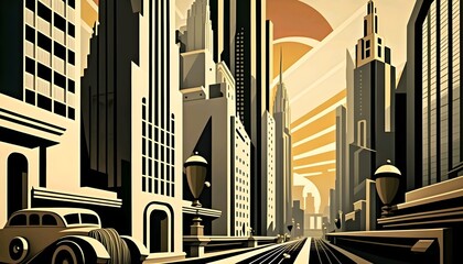 Art Deco urban city skyline - obrazy, fototapety, plakaty