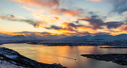 Sunset over the Tromso Fjord in Norway from Fjellheisen mountain