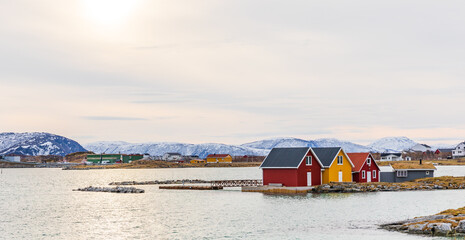 Colorful Houses by the Fjord in Norway in winter setting - Sommarøy island