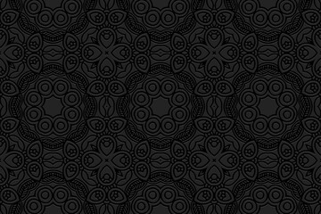Embossed black background, cover design. Geometric unique 3D pattern, press paper, leather, ethnic boho, hot topics in the style of handmade peoples East, Asia, India, Mexico, Aztecs, Peru.