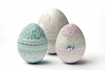 Easter eggs with paper cut and lace patterns on white background. AI