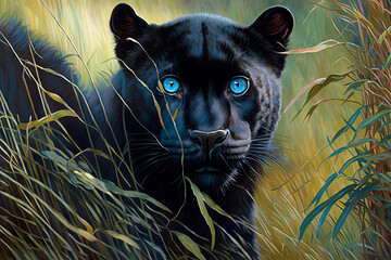 A black panther with blue eyes in tall grass. Generative AI
