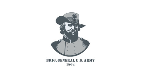 Vector monochrome stylistic portrait of a brigadier general of the us army during the civil war. Logo, sticker or icon on a white isolated background.