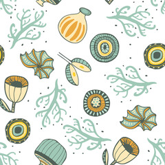 Abstract round shape shapes seamless pattern on yellow background. Paper, wallpapers, textiles. Hand drawn. Vector illustration